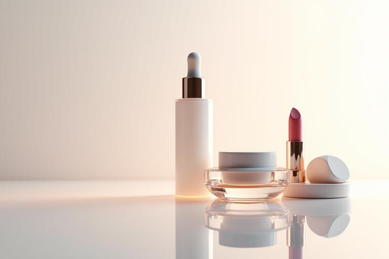 Une collection de produits cosmétiques haut de gamme élégamment agencés sur une surface réfléchissante, dégageant une aura de luxe et de sophistication