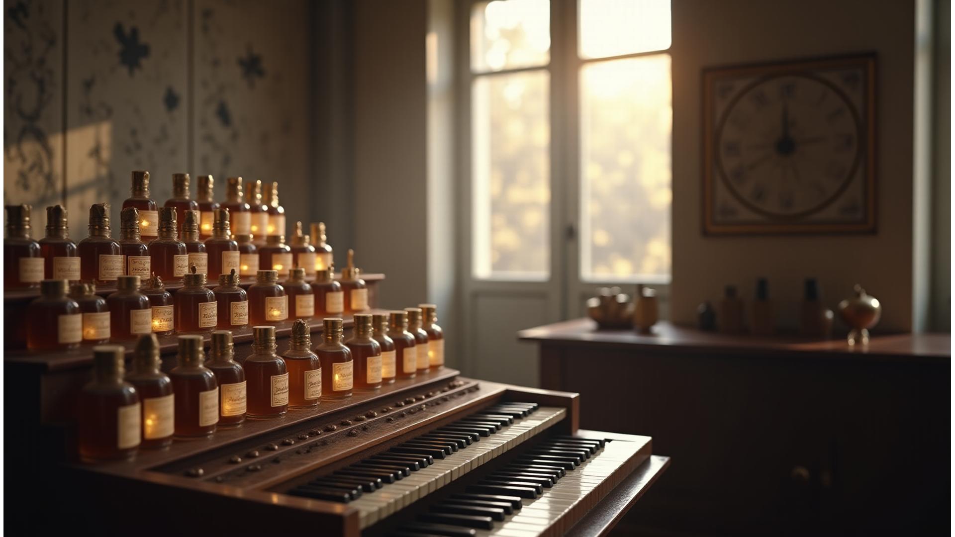 Atelier de parfumerie parisien avec un orgue à parfums traditionnel et des flacons élégants.