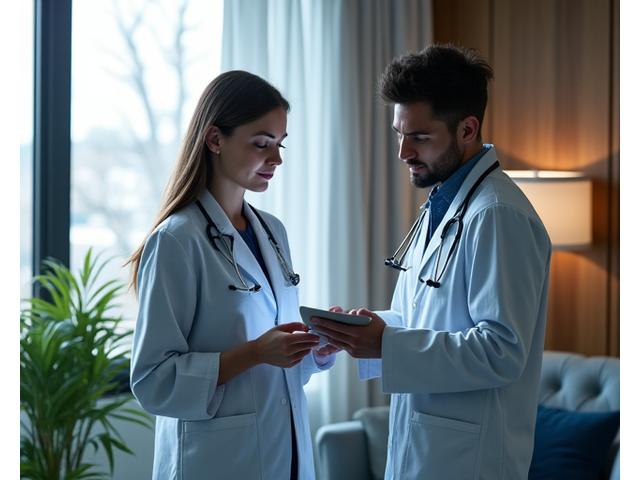 Deux professionnels médicaux (un dermatologue et un chirurgien esthétique) discutant autour d'un dossier patient dans un bureau moderne et lumineux, illustrant une collaboration fructueuse et un échange d'expertise. 